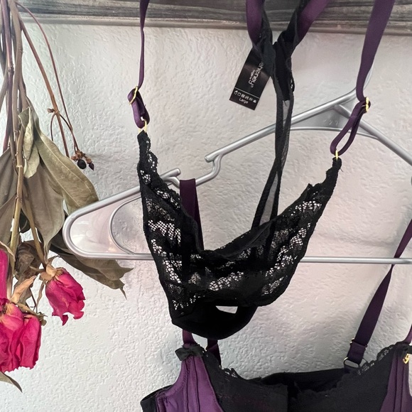 Lovehoney black & purple underwire, padded basque set w/lace thong; sz l nwot - Picture 6 of 14